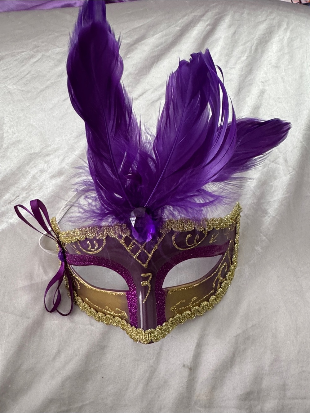 Purple & Gold Feathered Masquerade Mask